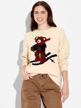 Viral wild fable Cream Teddy Bear Crewneck Sweater with Red & Navy Accents